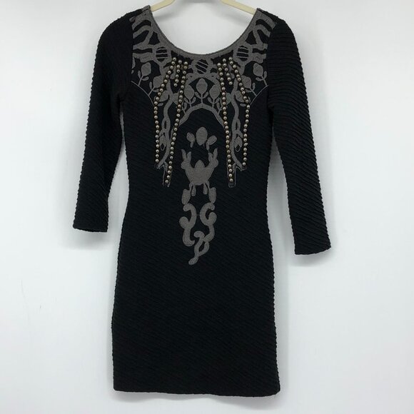 Free people Black textured “Looking for a  Stud” studded 3/4 sleeve mini dress - Picture 2 of 16